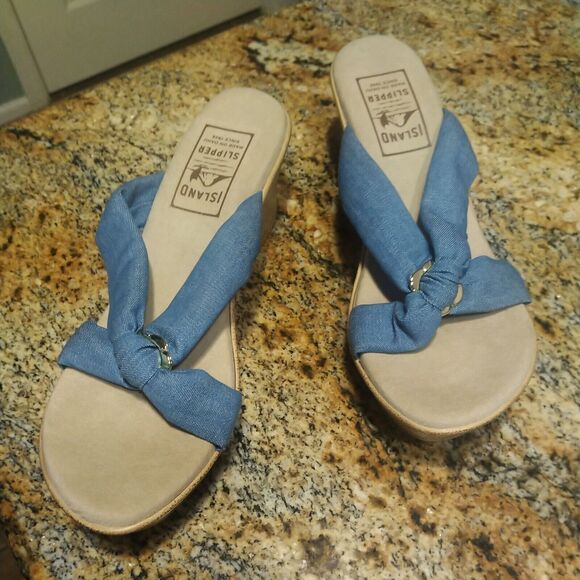 Women's Shoes US 11 Island Slipper Suade Thong Wedge Sandals Blue Fabric Slide - Picture 1 of 11